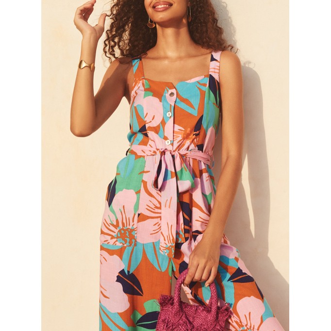 Women's floral-print holiday loose wide-leg jumpsuits