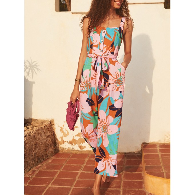 Women's floral-print holiday loose wide-leg jumpsuits