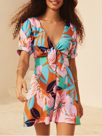 Women's floral-print holiday loose wide-leg romper shorts