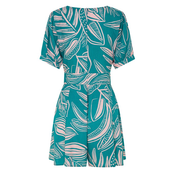 Women's green flower print holiday loose wide leg romper shorts