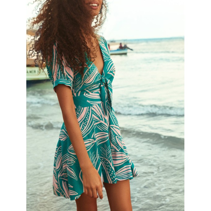 Women's green flower print holiday loose wide leg romper shorts
