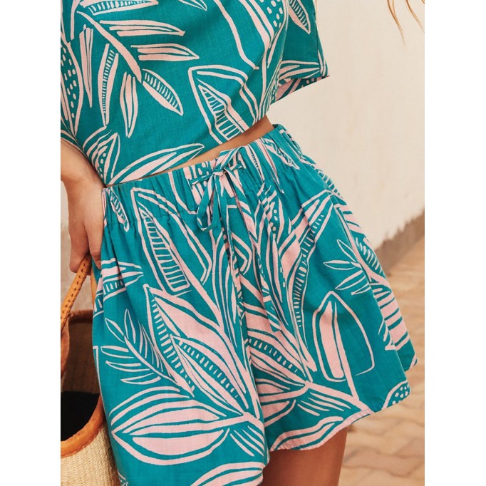 Women's green printed shirt + short 2-piece set
