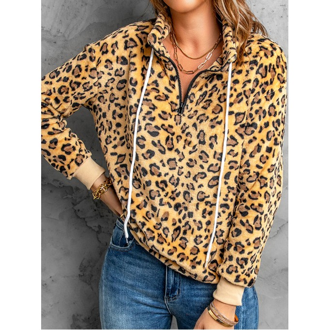 Women's leopard print drawstring long sleeve sweatshirt