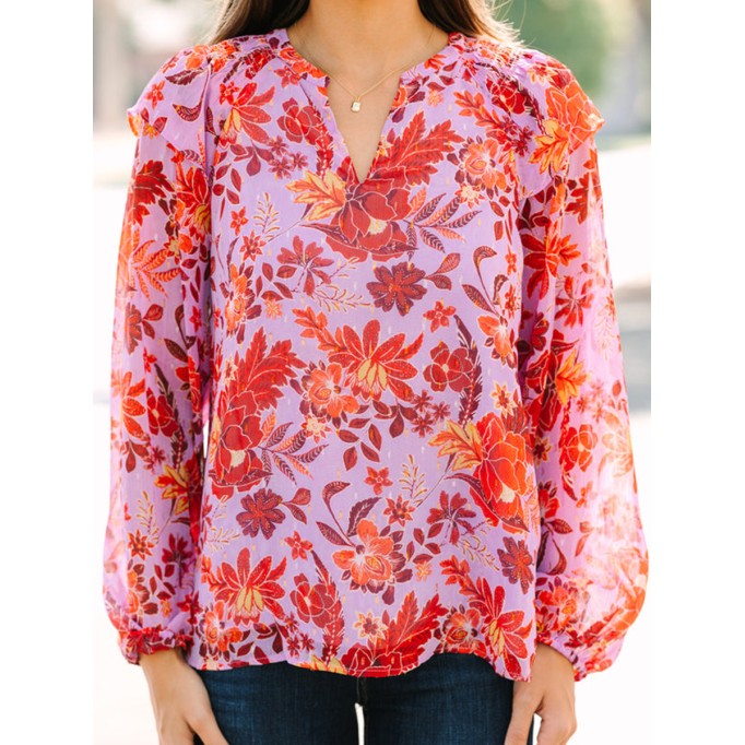 Women's long sleeve floral V-neck shirt