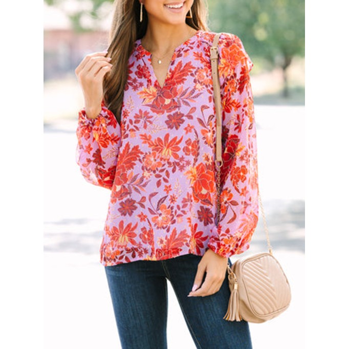 Women's long sleeve floral V-neck shirt