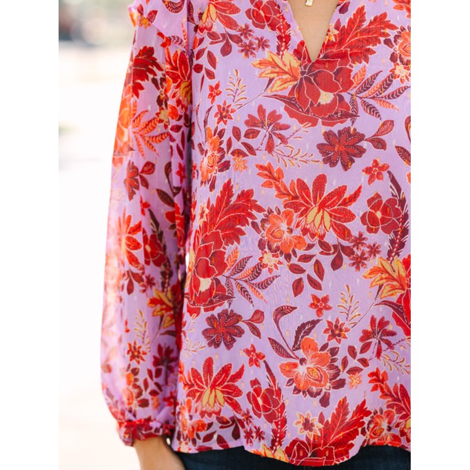 Women's long sleeve floral V-neck shirt