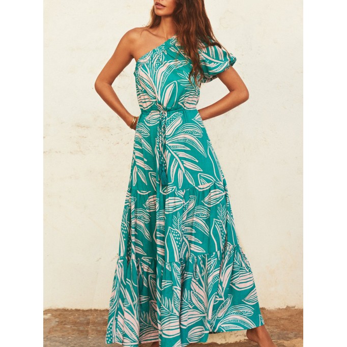 Women's one-shoulder asymmetrical printed holiday dress