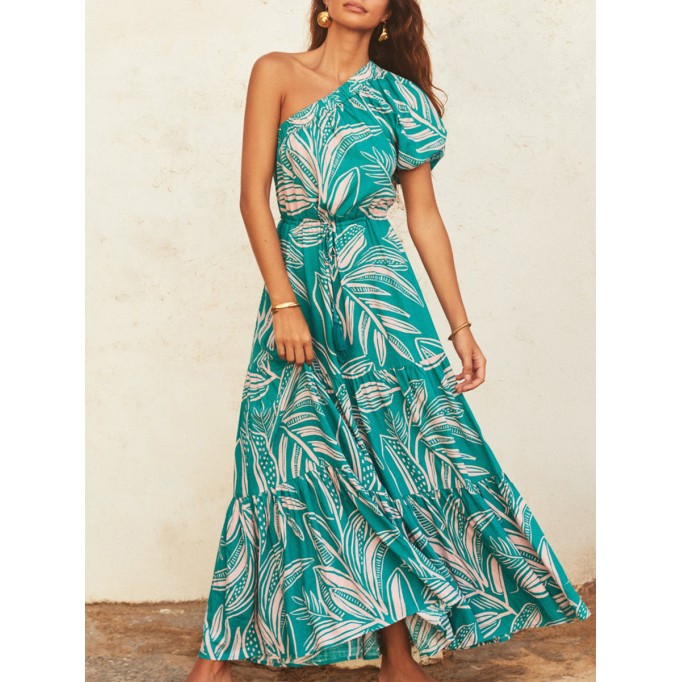 Women's one-shoulder asymmetrical printed holiday dress