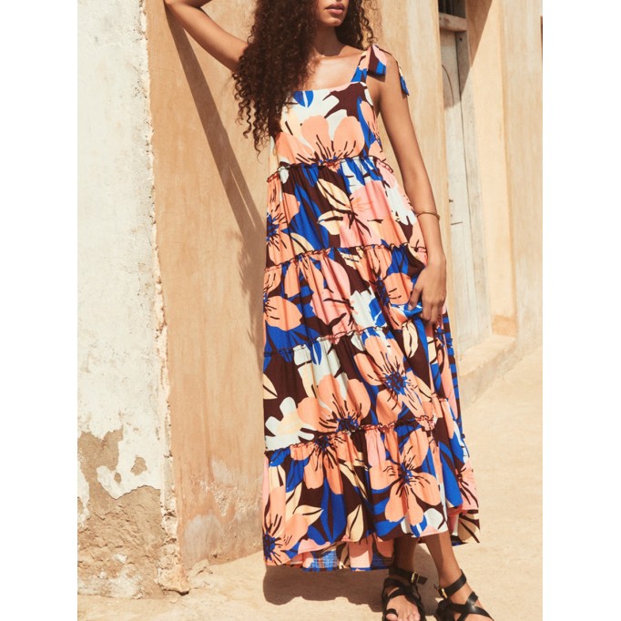 Women's printed holiday dress with shoulder floral print