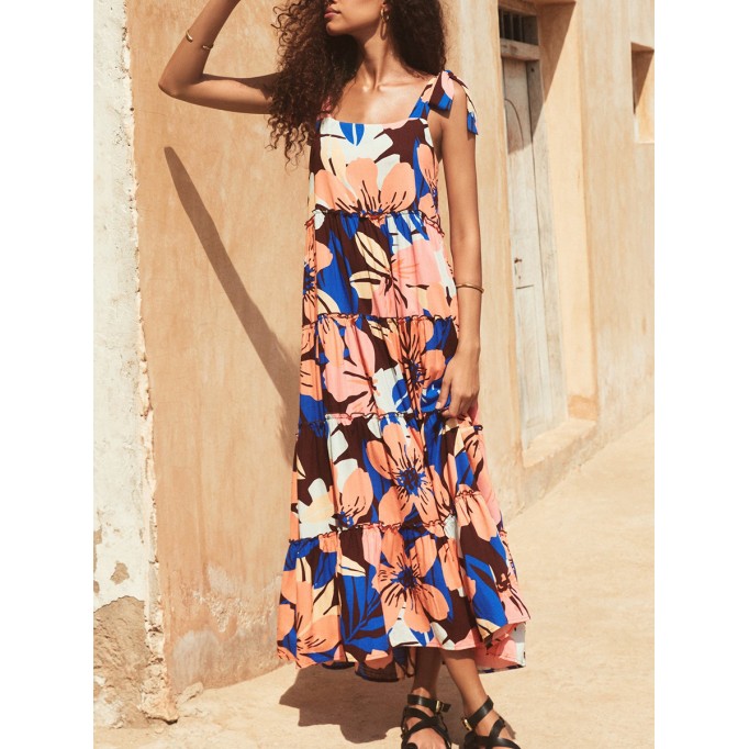 Women's printed holiday dress with shoulder floral print