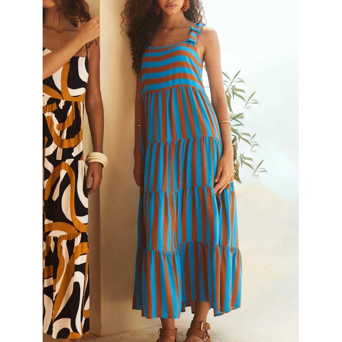Women's printed holiday dress with straps and stripes