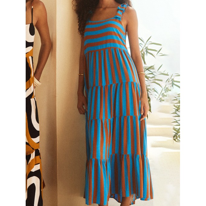 Women's printed holiday dress with straps and stripes