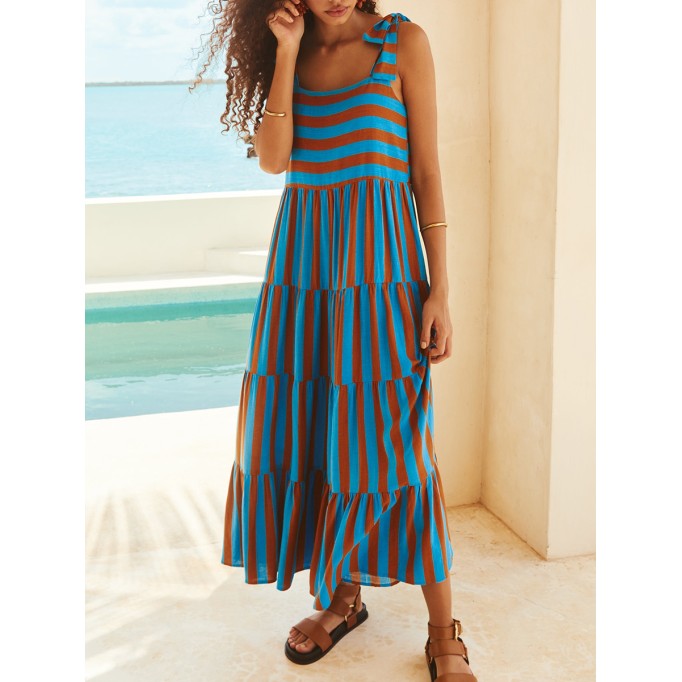 Women's printed holiday dress with straps and stripes