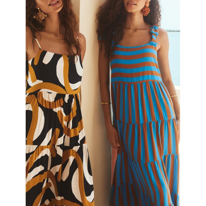 Women's printed holiday dress with straps and stripes