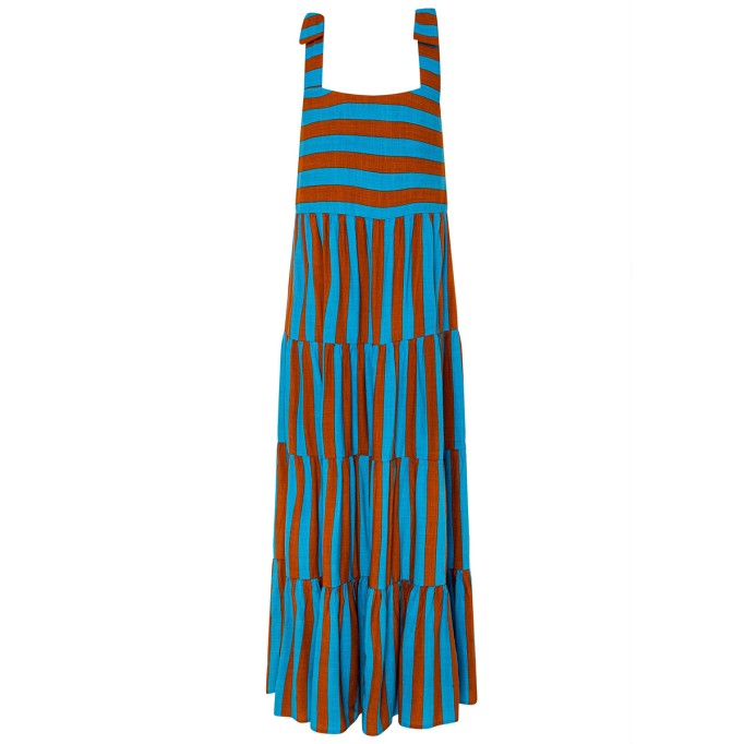 Women's printed holiday dress with straps and stripes