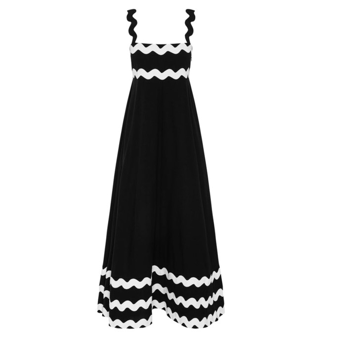 Women's printed holiday dress with yarn-dyed band patchwork