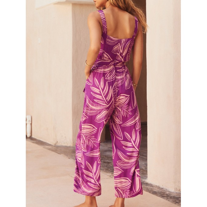Women's purple floral print holiday loose wide-leg jumpsuits
