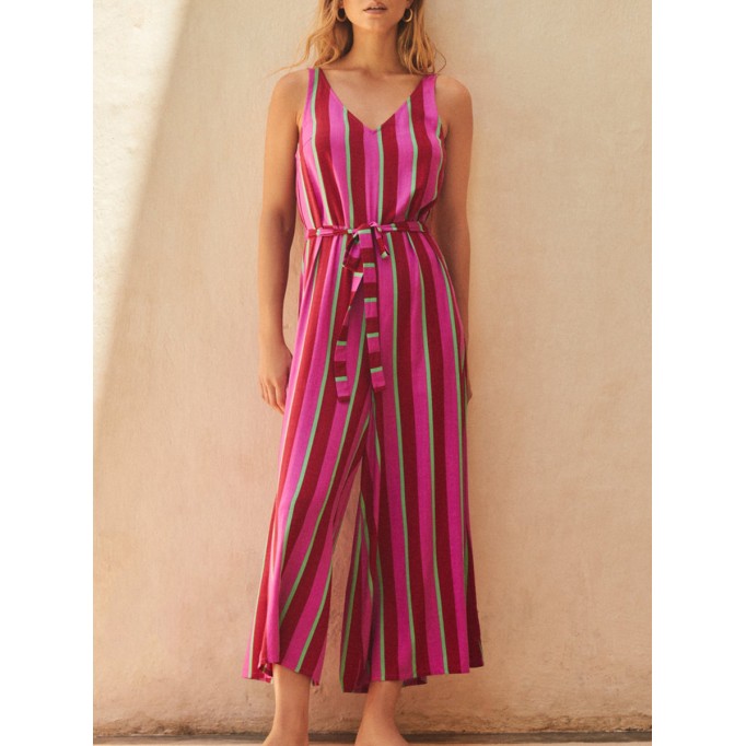 Women's V-neck striped printed holiday jumpsuit