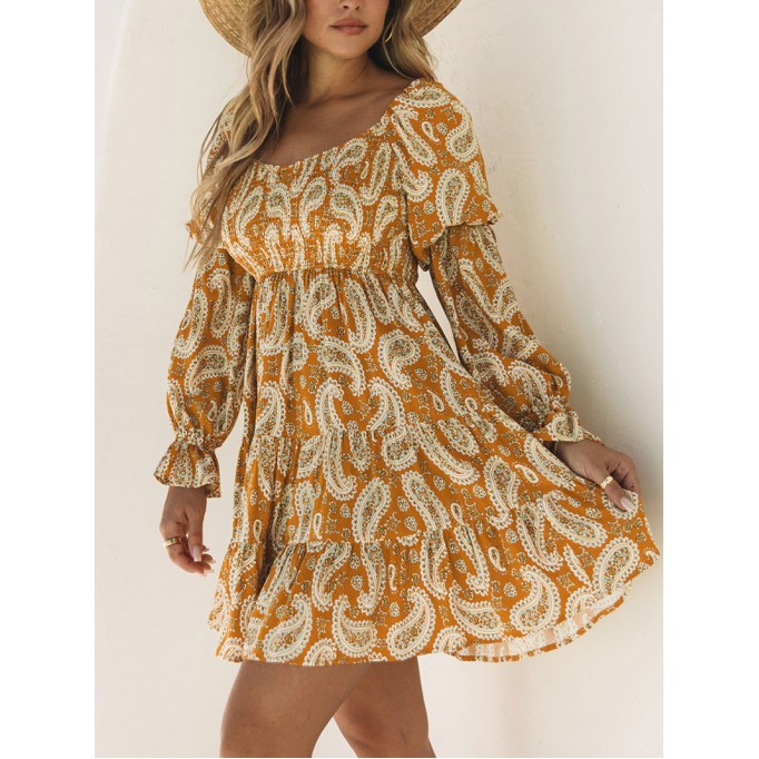 Yellow Boho Floral Collared Long Sleeve Ruffled Dress