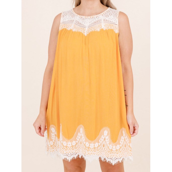 Yellow patchwork lace fabric dress