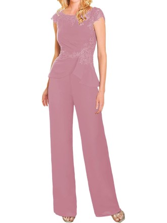 Mother of The Bride Pants Suits Dresses for Wedding Chiffon Long Formal Evening Gowns Lace Appliques Jumpsuits