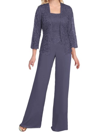 Mother of The Bride Pant Suits 3 Pieces Lace Outfit Sets for Wedding Guest Evening Party Gowns