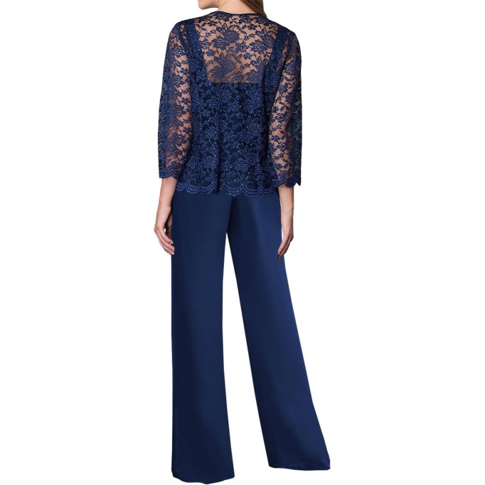 Mother of The Bride Pant Suits 3 Pieces Lace Outfit Sets for Wedding Guest Evening Party Gowns