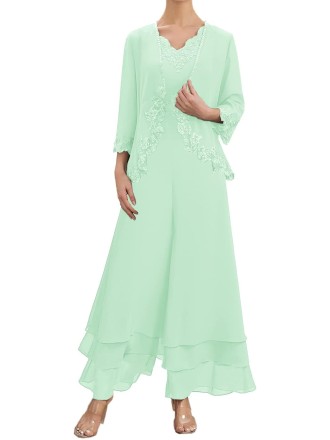 Mother of The Bride Pants Suits for Wedding Party Dresses Lace Appliques Chiffon Mother of Bride Dresses with Jacket