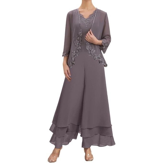 Mother of The Bride Pants Suits for Wedding Party Dresses Lace Appliques Chiffon Mother of Bride Dresses with Jacket